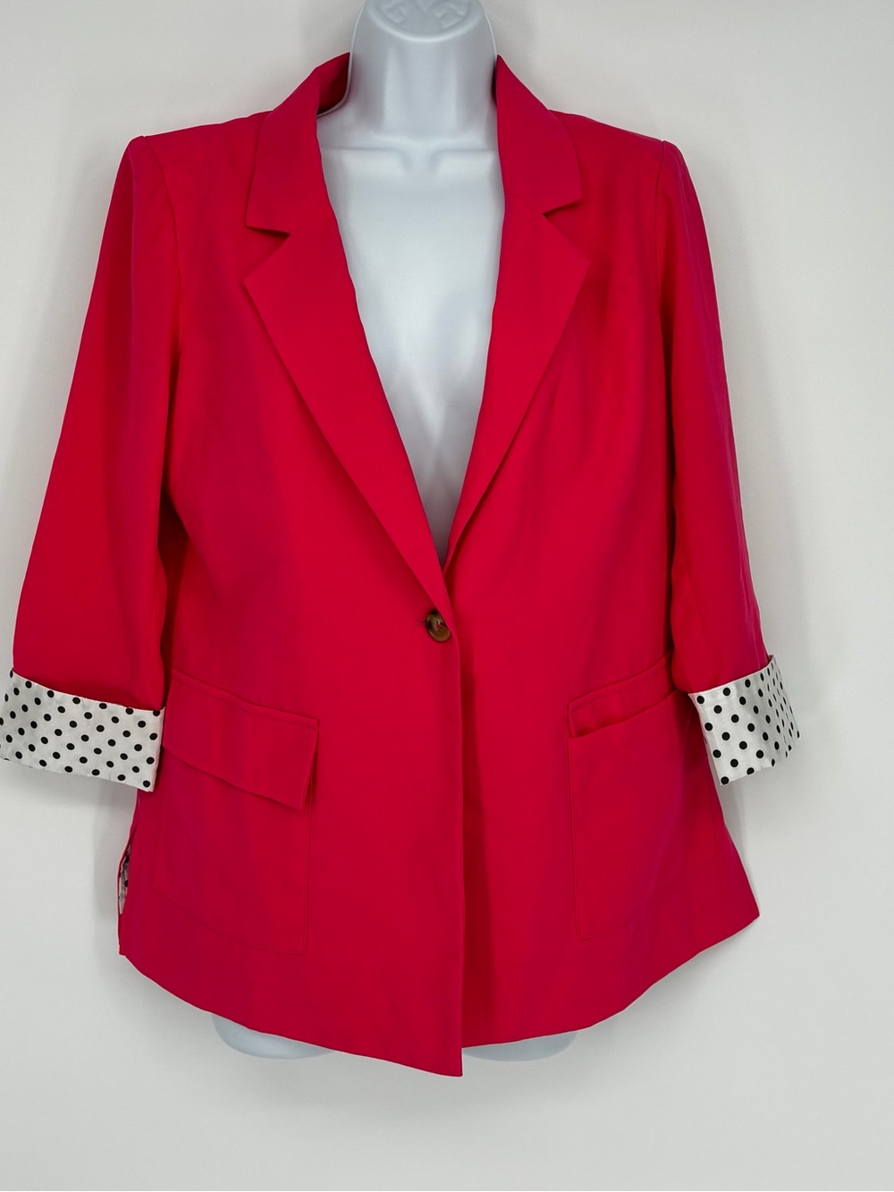 Andree by Unit Hot Pink Blazer Polka Dot Cuffed 3/4 Sleeve Jacket Size S